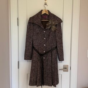 Moiselle Brown Tweed Coat with Feather Brooch